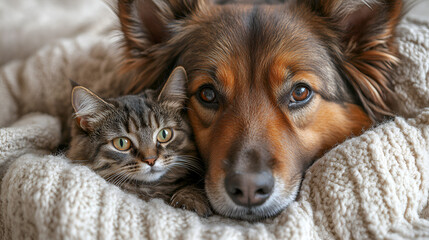 Close-up portrait of a cute domestic animal, featuring a cat and a dog