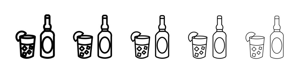 Tequila bottle and glass icon thin outline logo mark set