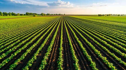 a panoramic sugar beet field under flat overcast light, mature leafy tops spread across tilled dark soil, rich color difference adds realism, background horizon with subtle tree line, wide composition