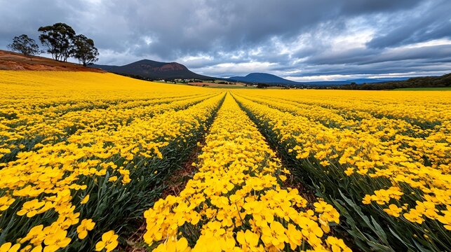 a mustard field in full yellow bloom under overcast skies, soft natural light enhancing plant detail, long rows guiding the eye to the horizon, subtle variation in leaf tones, gentle natural