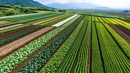 an overhead drone view of segmented farmland with different crop types, varied greens and browns in adjacent plots, precise human-made geometry visible from above, horizon softened by atmospheric