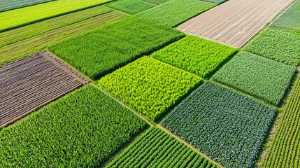 an overhead drone view of segmented farmland with different crop types, varied greens and browns in adjacent plots, precise human-made geometry visible from above, horizon softened by atmospheric