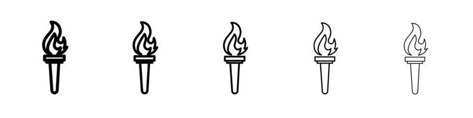 Torch flame icon thin outline logo mark set