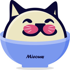 Cute cartoon cat in a bowl saying meow