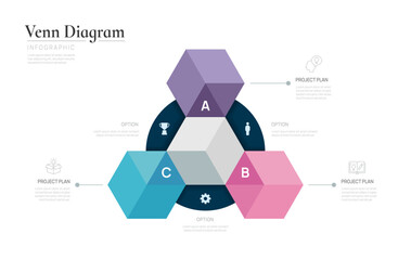 Venn diagram business infographic circle chart template 3 steps options, presentation with venn diagram elements vector illustration.