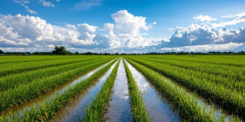 a tranquil rice field divided by narrow earthen paths under an expansive sky, glistening water reflecting early morning light, distant treeline on the horizon, sharp field lines, layered crop
