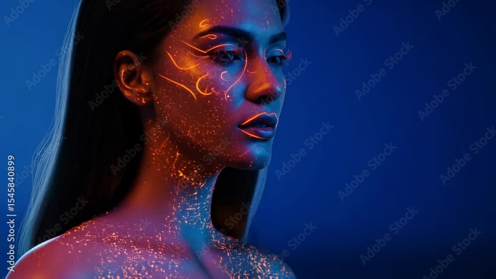 Poster a womans face is partially illuminated with orange neon light creating an artistic portrait
