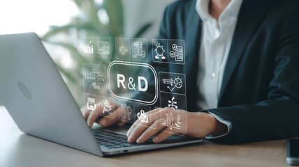 R and D, Research and Development Innovation Technology Concept. A person working on laptop with icons and text R and D, symbolizing innovation, analysis, and scientific business development processes