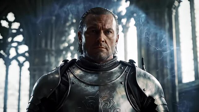 Knight in shining armor stands inside a grand gothic building