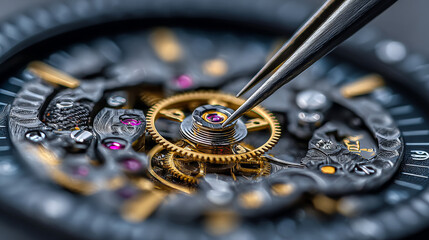 An extreme close-up macro photograph capturing a watchmaker’s skilled hands assembling tiny mechanical parts. Generative AI