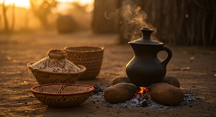 Steaming Clay Pot over Embers with Woven Baskets in Golden Light
