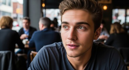 Obraz premium Young man contemplating in a cafe.