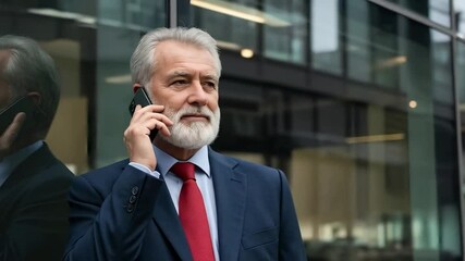 A senior businessman in a suit talks on his phone outside a modern office building - Powered by Adobe