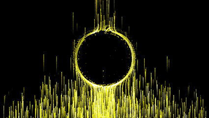 Yellow glitter particles moving upwards direction particles background, blank space at center for...