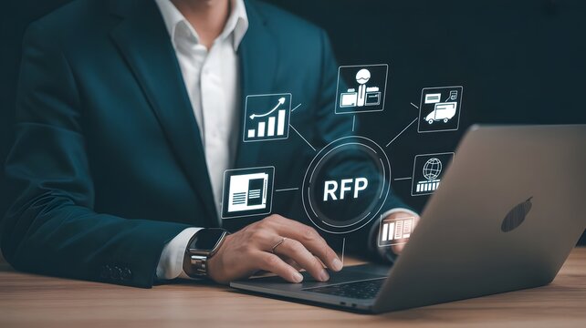 RFP, Request for Proposal Business Concept. Businessman working on laptop with icon representing Request for Proposal (RFP) process, including procurement, bidding, contract management, and logistics.