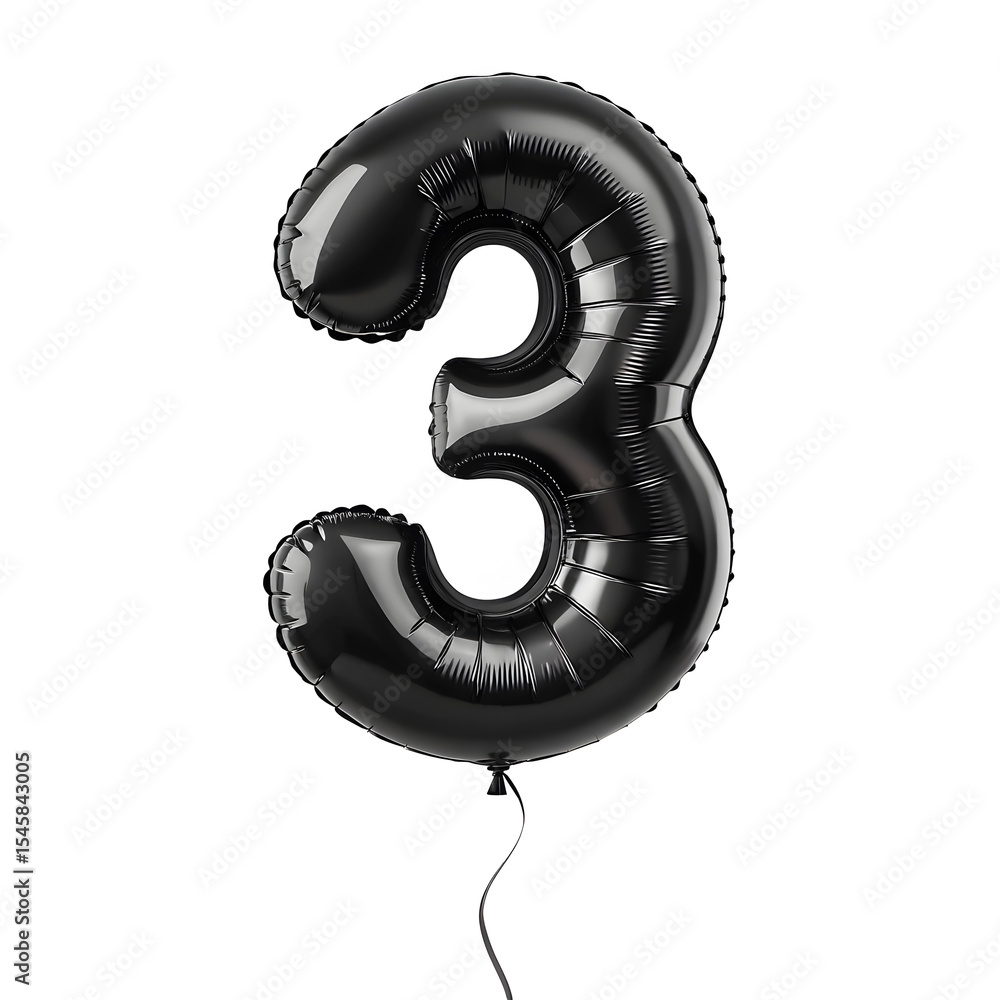 Fototapete a balloon shaped like the number 3,matte black metallic finish with realistic reflections and smooth