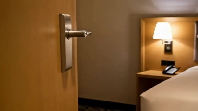 A hotel room door with the number 206 is slightly ajar revealing a neatly made bed and lamp