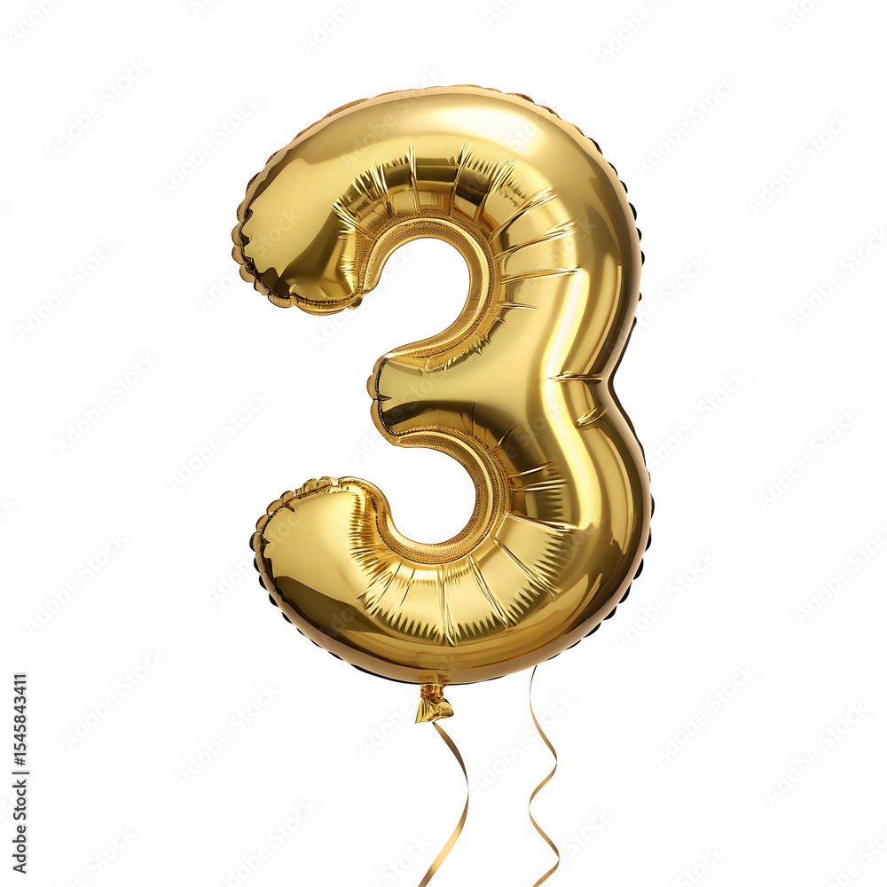 Fototapete a balloon shaped like the number 3,gold metallic finish with realistic reflections and smooth textur