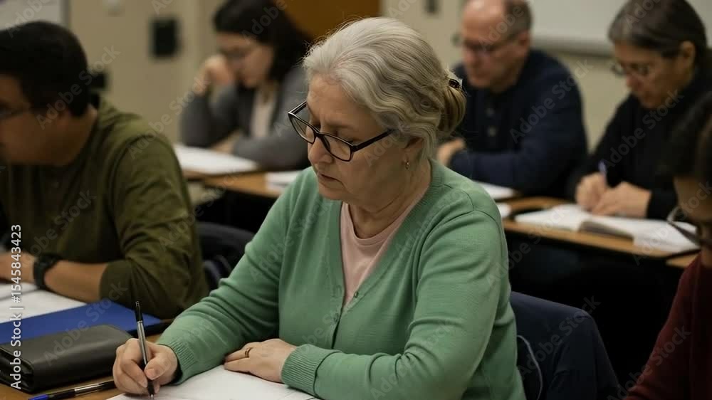 Poster students diligently take notes during a class lecture