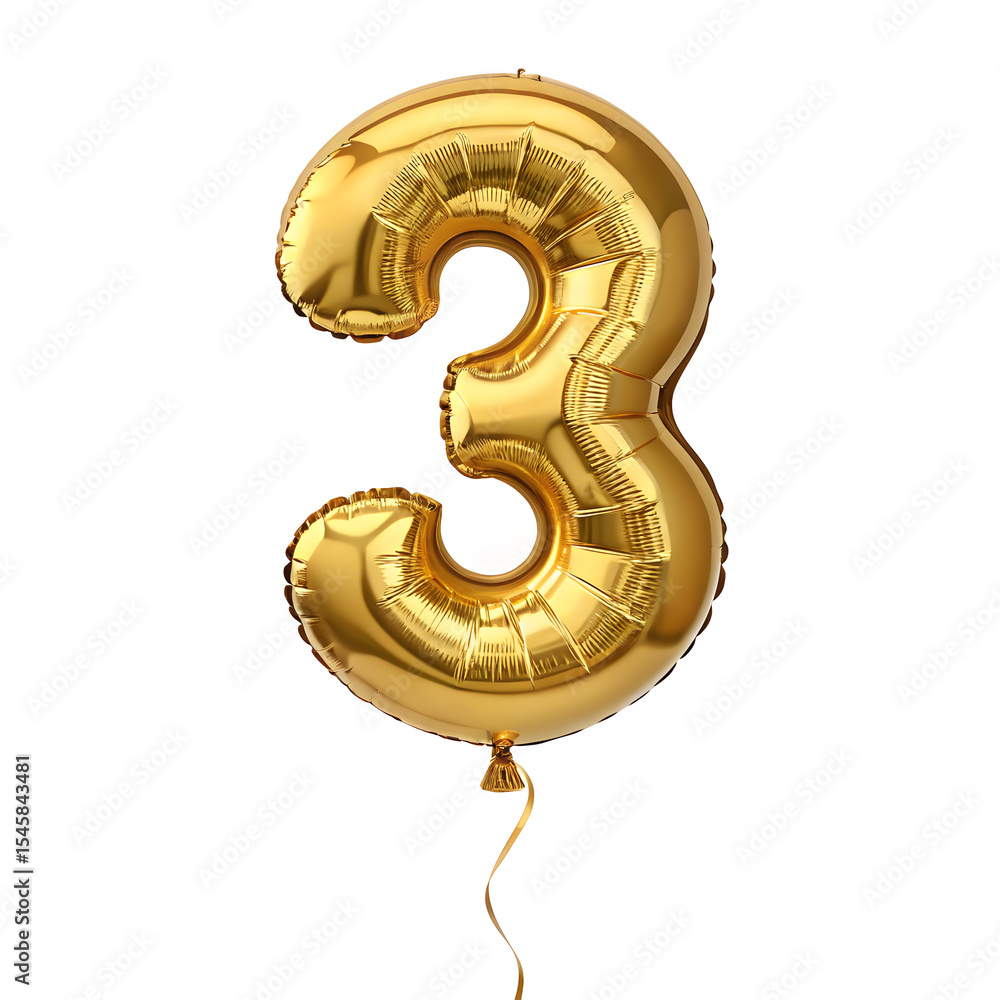 Fototapete a balloon shaped like the number 3,gold metallic finish with realistic reflections and smooth textur