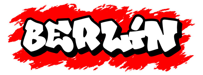 Urban graffiti vector with the word Berlin in white text, black outline, and red splatter background. Bold street art style for posters, apparel, or digital design.