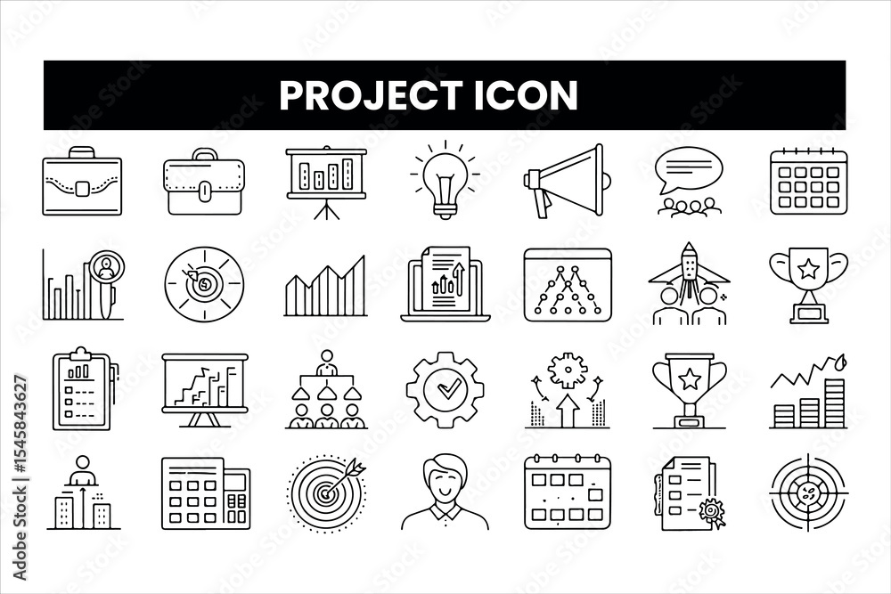Poster set of outline icons related to project. linear icon collection. editable stroke. vector illustratio