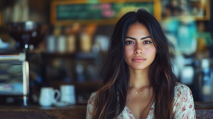 Latina Hispanic woman Cafe Owner. Barista working in Coffee shop, looking at camera. Startup successful small business owner. Bistro Business. Small and Medium Enterprises concept. 
