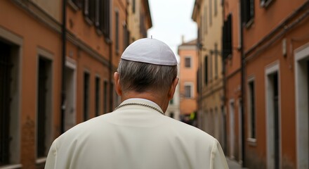 A man viewed from behind, wearing a zucchetto, walking in a historic European city. Religious leader concept for travel and pilgrimage.