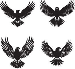 Obraz premium Majestic Eagle Silhouettes with Spread Wings – Vector Set Black and White Hawk and Eagle Tattoo Designs Flying Predator Birds – Monochrome Falcon Illustrations