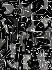 Abstract drawing of women's faces with white lines on a colored background.Seamless pattern.