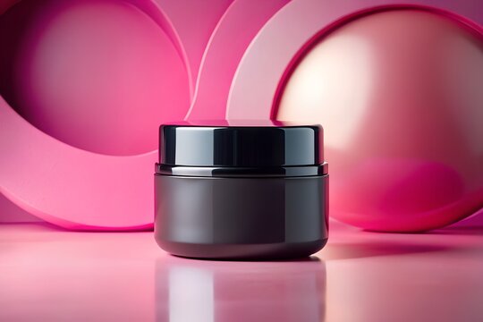 Dark gray cosmetic jar on pink abstract background