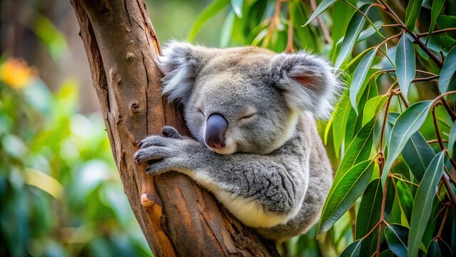 Adorable koala bear sleeping peacefully on eucalyptus tree