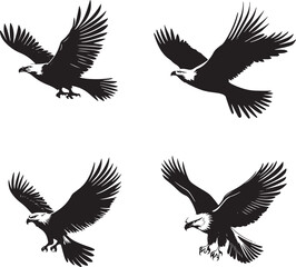 Obraz premium Majestic Eagle Silhouettes with Spread Wings – Vector Set Black and White Hawk and Eagle Tattoo Designs Flying Predator Birds – Monochrome Falcon Illustrations
