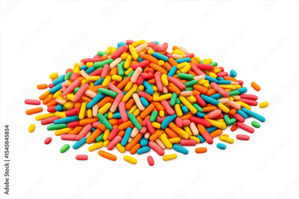 Poster rainbow sprinkles forming a heap isolated on transparent background, ideal for adding a touch of fun