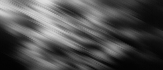 Minimal abstract black and white light streaks gradient with movement motion blur, noise texture on black background. retro grain grayscale overlay, poster header banner website backdrop.