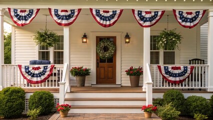 Front porch decorated with patriotic bunting, mini American flags, and red, white, and blue wreath for 4th of July. A charming summer setting showing national pride and festive Independence Day spirit