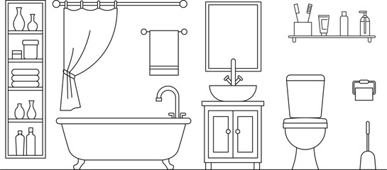 Bathroom floor plan, Restroom furniture arrangement, Washroom interior design, line art, customizable stroke, vector, illustration