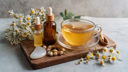 A flat lay of chamomile tea and dried flowers next to a gua sha stone and minimal skincare bottles