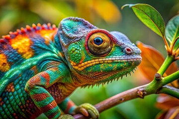 Obraz premium Vibrant Panther Chameleon perched on a branch, close-up view, showcasing its colorful scales and striking eye.