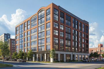 Modern brick building city street view sunny day cars parked