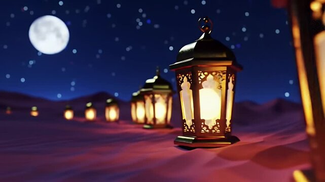 Arabian Night Lanterns Glow Amidst Desert Dunes Under Full Moon Celebrating Ramadan Tradition
