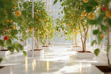 Fototapeta premium Indoor orchard dwarf fruit trees brightly lit create serene ambiance