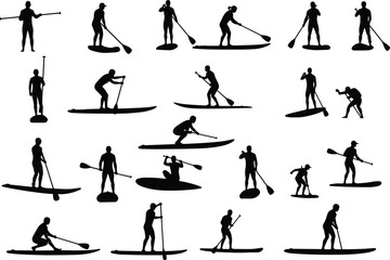 Silhouettes of Paddleboarding People, Stand Up Paddleboard Vector Set, Water Sports Poses, Outdoor Fitness Clipart, Summer Activity Design, Coastal Lifestyle Illustration