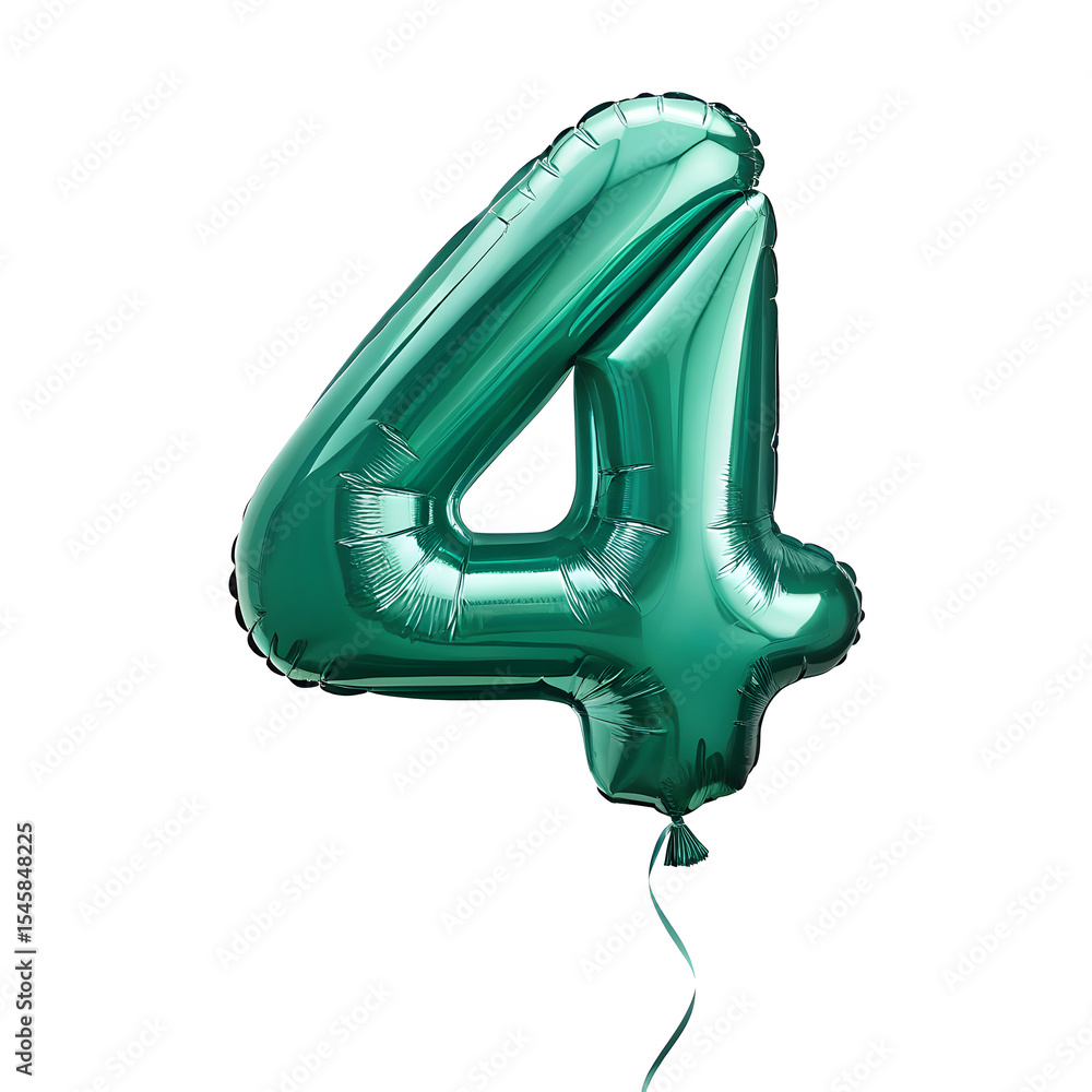 Fototapete a balloon shaped like the number 4,emerald green metallic finish with realistic reflections and smoo