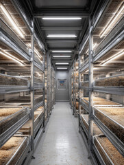 Clean indoor mushroom farm with racks makes me feel productive