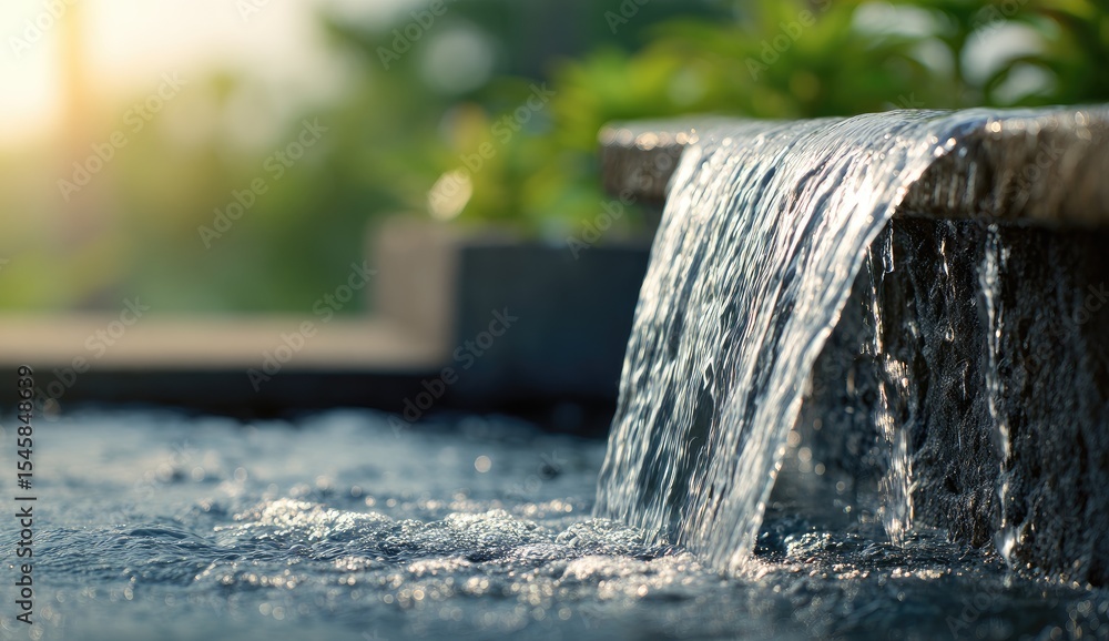 Poster sunlit water cascading from a stone feature into a dark pool, creating a serene, tranquil scene in a