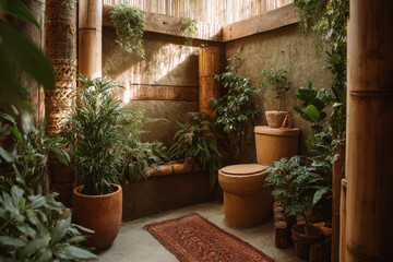 Earthy toilet design is cozy and evokes feeling of natural comfort