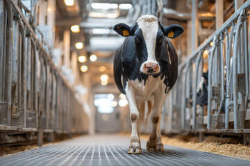 Dairy cow walks through automated milking gates, looking inquisitive