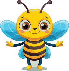 Cute Cartoon Bee Character Waving – Vector Illustration with Big Eyes and Friendly Expression