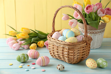 Wicker Easter Basket with Colorful Painted Eggs and Tulips on Yellow Background &ndash; Spring Holiday Concept